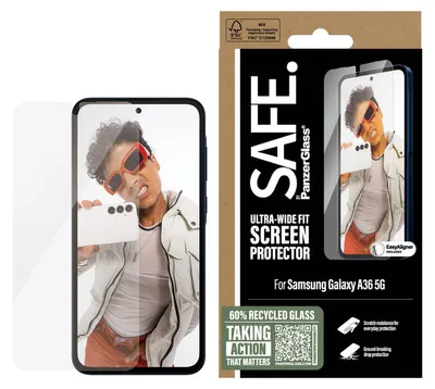 Obrázok produktu pre PanzerGlass SAFE. by ® Screen Protector Samsung Galaxy A36 5G | Ultra-Wide Fit w. EasyAligner, Samsung, Samsung - Galaxy A36 5G, Suché aplikovanie, Odolné proti poškriabaniu, Odolný proti nárazom, Priehľadná, 1 kusov