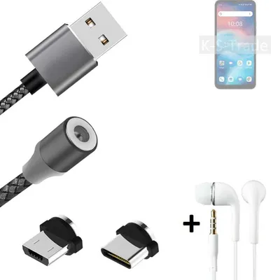 Produktbild von K-S-Trade® Hochwertiges Magnet-Lade-kabel Sync-Kabel Daten-Kabel + Kopfhörer kompatibel mit UMIDIGI C1 mit USB-Typ-C-Anschluss und