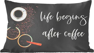 Produktbild von MuchoWow® Zierkissen Sofakissen Wohnzimmer Dekokissen 60x40 cm Zitate - Sprichwörter - Das Leben beginnt nach dem Kaffee - Kaffee - Kopfkissen - Polster mit Foto