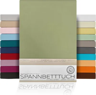 A display of multiple fitted sheets in various colors, with one sheet prominently featured in the center.