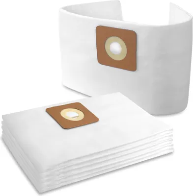 A stack of white vacuum cleaner bags and one standing vacuum cleaner bag on a white background.