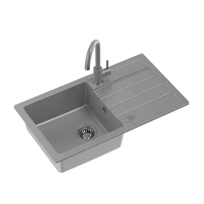 Produktbild von QUADRON Spülbecken JERRY 111 Granitspüle Küche aus GraniteQ, 77x44x17,5 cm, Grau, Waschbecken Küchenspüle Einbeckenspüle Set: Granitspüle + Küchenarmatur KATE + Siphon + Abdeckkappe