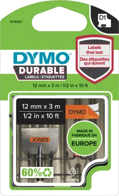 Produktbild von DYMO Original D1 Hochleistungs-Etikettenband | schwarz auf orange | 12 mm x 3 m | permanent haftendes Vinyl- Schriftband | für LabelManager-Beschriftungsgerät