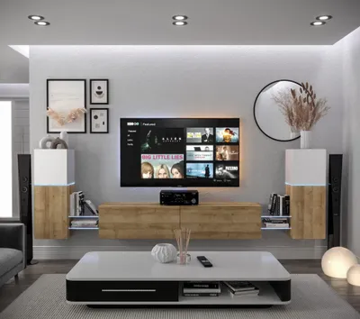 Produktbild von Furnitech Wohnwand Wohnzimmer - Wohnzimmer Möbel mit LED Blau - Hängend Wohnwand Modern - Regale und TV Schrank (AN104-21WDZ-HGM6-1B)