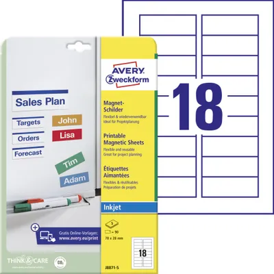 Produktbild von Avery Zweckform J8871-5 Magnet-Schilder, 78 x 28 mm, 5 Bogen/90 Etiketten, weiß