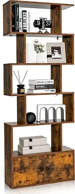 Produktbild von GOPLUS Bücherregal mit 5 Ebenen, S-förmiges Standregal mit Türen, Aufbewahrungsregal Wandregal Holz für Wohnzimmer, Schlafzimmer & Arbeitszimmer (Braun)