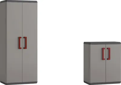 Two gray storage cabinets with red handles against a white background.