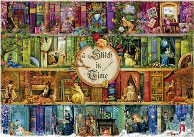A collage of scenes depicting people engaged in various activities, set against a backdrop of bookshelves filled with books and decorative items. The scenes vary in theme and time period, suggesting a narrative or thematic connection.