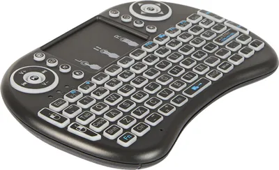 A black wireless mini keyboard with a touchpad and QWERTY layout is shown against a white background.