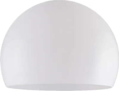 A white, spherical lampshade is shown against a white background.