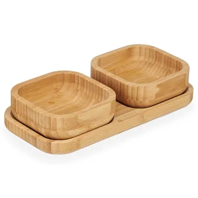 Immagine prodotto di 3 ciotole di legno su tagliere di bambù, 11 x 23 x 4,5 cm