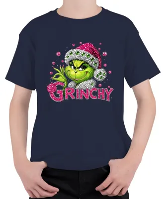 Produktbild von Grinch Bling Glitzer Strass Pink Grün Weihnachten Geschenk lustig Uni Kinder T-Shirt, Navy, 140
