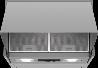 A top-down view of a stainless steel range hood.