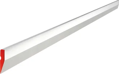 A long, thin, white object with a red edge, presented diagonally against a white background.