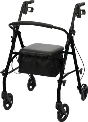 Produktbild von Rollator Schwarz klappbar, gepolsterter Sitz mit Rückenlehne, höhenverstellbare ergonomische Griffe, leichtgängige Räder, bis 136 kg