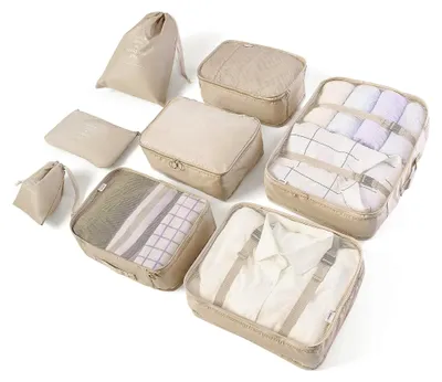 Produktbild von Koffer Organizer Set, Packing Cubes, Kleidertaschen, Schuhbeutel, Reiseorganizer, Packwürfel, Kosmetik, Packtaschen für Koffer (8-teilig, Beige)