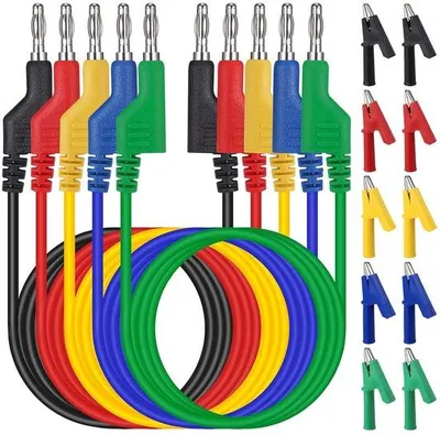 Productafbeelding van 5 stuks - Multimeter-testkabels met 10 krokodilleklemmen - 1,05 meter - 4 mm - 5 kleuren - met bananenstekkers