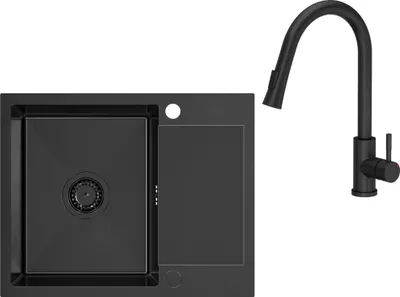 Immagine prodotto di VBChome Lavello in acciaio inox con rubinetto 60 x 48 cm Nero Lavello da incasso a due fori Lavello da cucina a vasca grande con scolapiatti Rubinetto da cucina a sifone