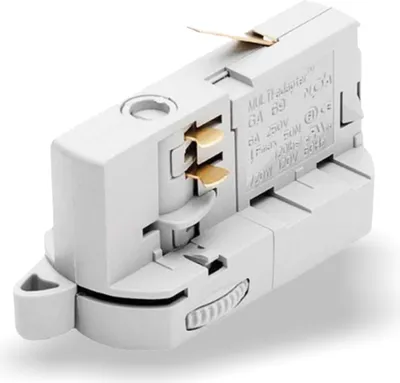 A close-up studio shot of a white electrical adapter.