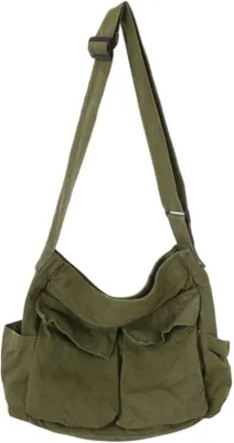Image de Grand sac à bandoulière en toile - Grande capacité - Grand sac à bandoulière en toile - Décontracté - Sac à bandoulière - Grande capacité - Unie - Grand sac à bandoulière en toile - Vert