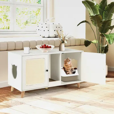 Produktbild von Katzenschrank für Katzentoilette, Katzenklo Schrank mit 2 Türen & Kratzbrett & 2 Sisal-Kratzmatten & Eingang, Katzenhaus für 2 Katzen, Katzenmöbel Beistelltisch, 108 x 50 x 60 cm (Weiß)