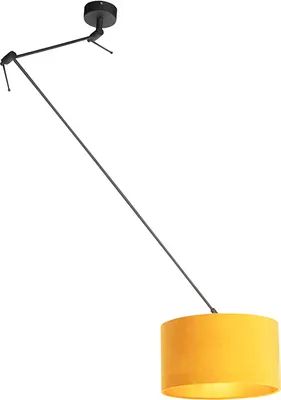 Produktbild von QAZQA - Landhaus I Vintage I Rustikal Hängelampe I Pendellampe I Pendelleuchte mit Veloursschirm ocker mit Gold I Messing 35 cm - Blitz I schwarz I Wohnzimmer I Schlafzimmer - Textil Zylinder I Längli