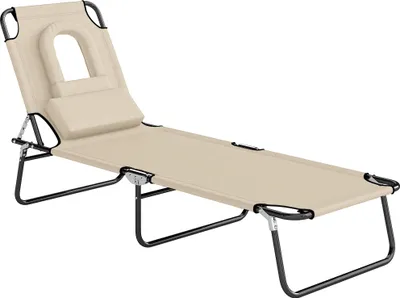 Produktbild von Sonnenliege mit Gesichtsloch & Kissen, klappbar, wasserabweisender Bezug, Metallrahmen, Beige