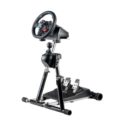 A racing wheel stand with pedals and a gear shifter, shown against a white background.