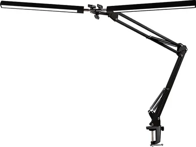 A black adjustable desk lamp with two light bars, clamped to a surface.