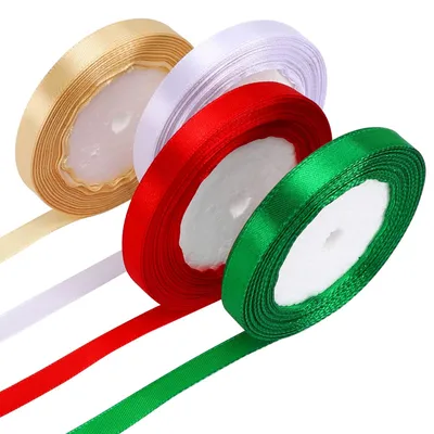Satinschleifenband 4 Rollen 100 m, 10 mm, Rot/Grün/Gold/Weiß