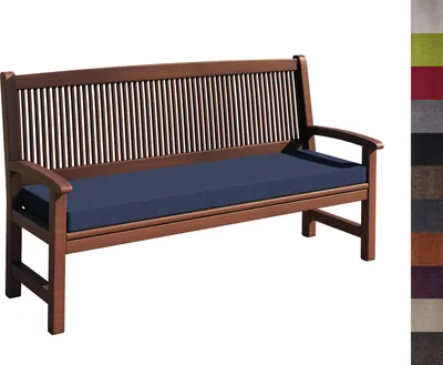 A wooden bench with a blue cushion, shown against a white background.