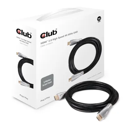 Produktbild von CLUB3D HDMI 2.0 Cable 3Meter UHD 4K/60Hz 18Gbps Certified Premium High Speed, 3 m, HDMI Typ A (Standard), HDMI 2.0, 3840 x 2160 Pixel, 3D, Schwarz, Silber