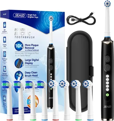 Obrázok produktu pre Elektrická sonická zubná kefka s 8 hlavicami, 5 režimami čistenia, veľkým displejom, cestovným puzdrom a 30-dňovou výdržou batérie s indikátorom stavu nabitia a funkciou rýchleho nabíjania Pro