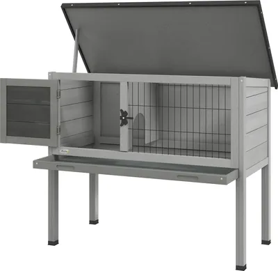 Produktbild von Hasenstall Kaninchenstall aus Tannenholz Winterfest Hasenkäfig mit aufklappbar Dach 84x43x70 cm Kaninchenkäfig Outdoor Kleintierstall für Hasen Kaninchen Meerschweinchen Grau Aosom