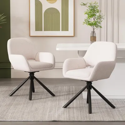 Image de MODFU Chaises De Salle À Manger Pivotante 360° - Lot De 2, Avec Accoudoirs Et Tissu Sherpa Doux, Pieds Métal Robuste - Blanc 45x42x85 cm