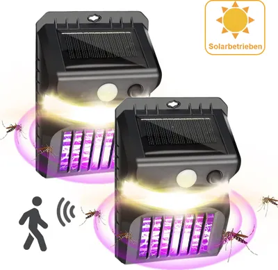 Obrázok produktu pre 2 kusy solárnej lampy na ničenie hmyzu so súmrakovým senzorom s detektorom pohybu, solárna UV lampa na komáre IP65, nástenné svetlo na balkón, teplá biela