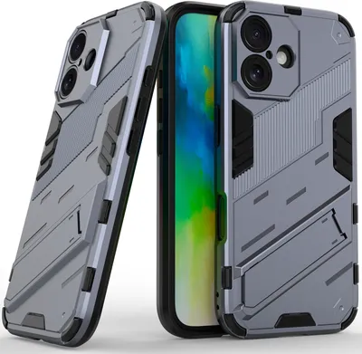 Produktbild von Armor Hülle für iPhone 16 Hybrid PC TPU Bumper Stoßfestes Schutzhülle mit Standfunktion Grau