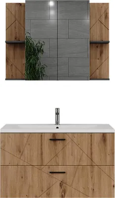 A bathroom vanity set with a mirror above it.