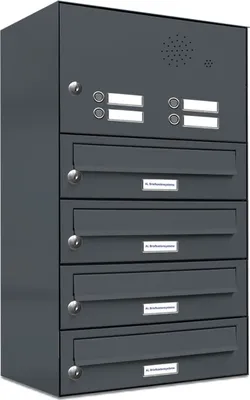 A dark gray, multi-unit mailbox system with a built-in intercom.