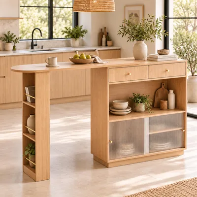 Immagine prodotto di Isola da cucina estendibile MODFU con illuminazione a LED, bancone bar con rotazione a 360°, tavolo da cucina con cassetti e ripiani, finitura noce