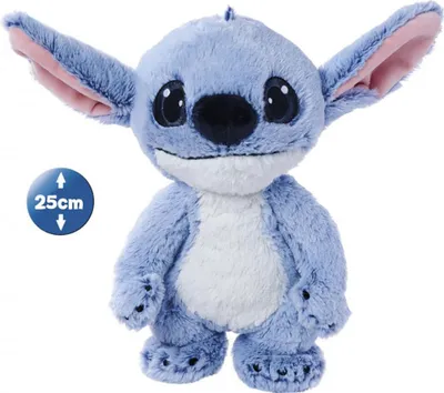 A blue plush toy of the character Stitch from Disney's Lilo & Stitch franchise, standing on a white background.