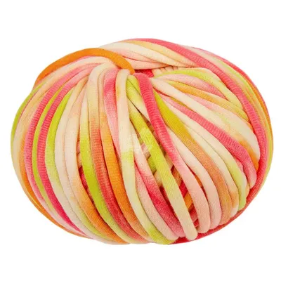 A ball of yarn with a tie-dye pattern.