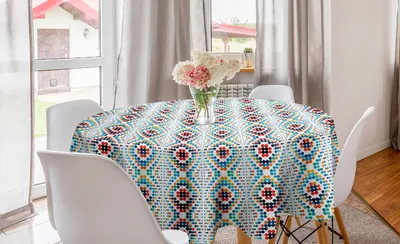 Obrázok produktu pre ABAKUHAUS Geometrický okrúhly obrus, moderný okrúhly motív, kruhový obrus na stôl do jedálne alebo kuchyne, 150 cm, viacfarebný
