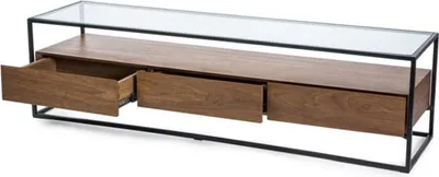 Produktbild von Casa Padrino Luxus Fernsehschrank Braun / Schwarz 150 x 40 x H. 40 cm - TV Schrank mit gehärteter Glasplatte und 3 Schubladen - Wohnzimmermöbel