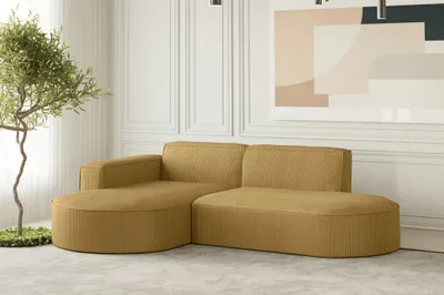 Produktbild von Ecksofa Designersofa PALMA XS in Stoff Scala Senfgelb Ottomane Links