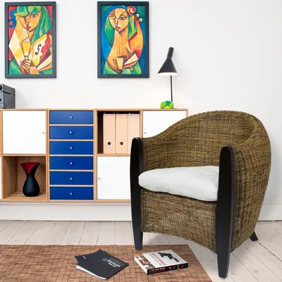 A living room scene with a chair, shelving unit, and artwork.