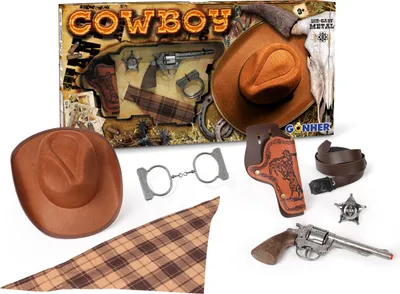 Produktbild von Cowboy Spielset 8-Schuss - Revolver mit Holster, Hut, Schal, Handschellen & Sheriffstern - Ideal für Kinder Rollenspiele