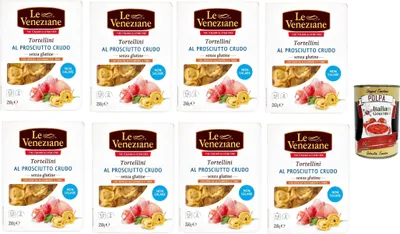 Produktbild von 8x Le veneziane tortellini prosciutto crudo senza glutine, roher Schinken tortellini gluten free, Pasta nudeln glutenfrei 250g + Italian Gourmet polpa 400g