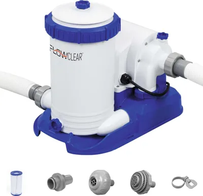 A white and blue Bestway Flowclear cartridge filter pump for swimming pools is shown against a white background. Several accessories are displayed below the main product.