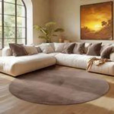 A modern living room with a sectional sofa, a large round rug, and a painting on the wall.